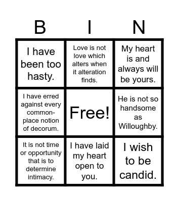 The Regency Cinematic Challenge Bingo Card