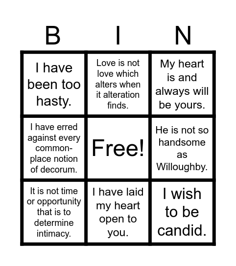 The Regency Cinematic Challenge Bingo Card