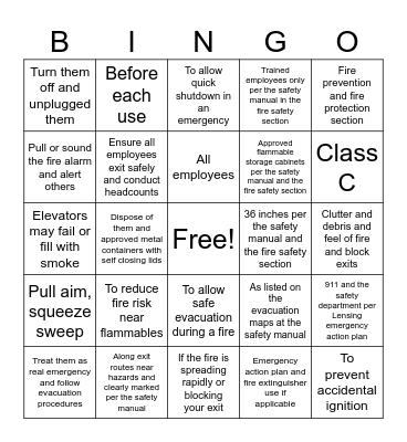Fire Safety Bingo Card