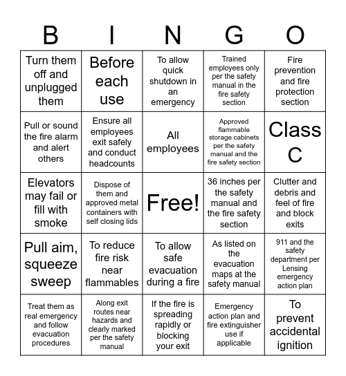 Fire Safety Bingo Card