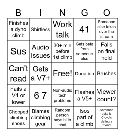 Climbing Stream Bingo Card