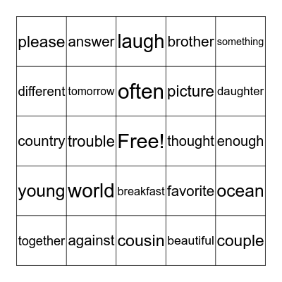 Trick Words 1 Bingo Card