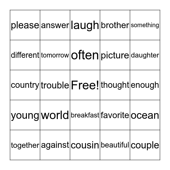 Trick Words 1 Bingo Card