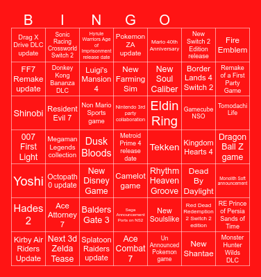 Nintendo Direct Bingo Card