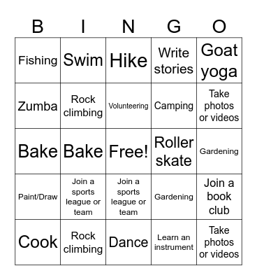 Creative Activities Bingo Card