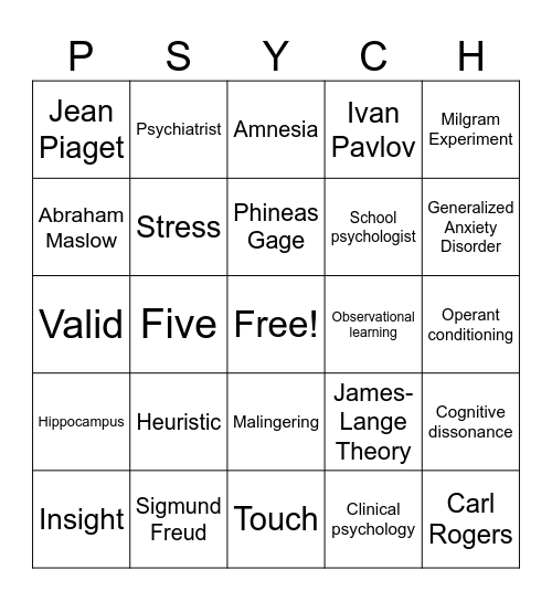 Psychology Trivia Bingo Card
