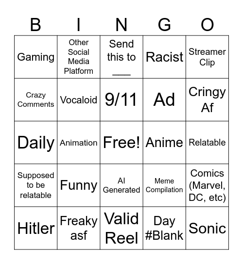 Insta Reels Bingo Card