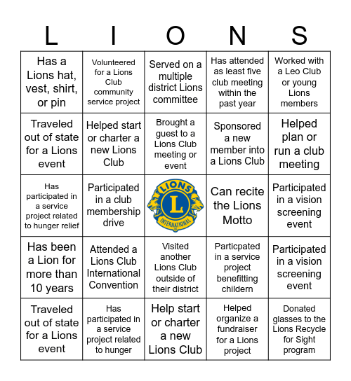 Lions Service Bingo Card