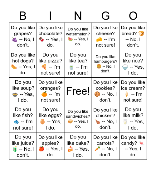 B1 L14 Do you like tea? 🍵 -- I’m not sure! Bingo Card