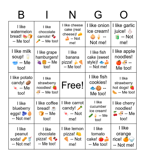 B1 L15 I like cherry noodles! 🍒🍜 -- Me too! Bingo Card