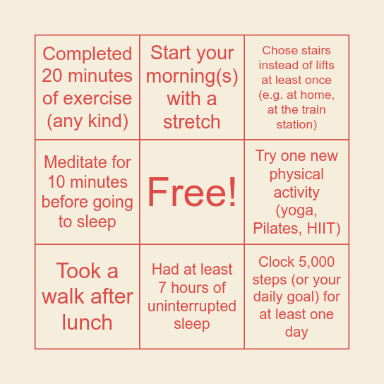 Healthy Living & Movement (Week 1) Bingo Card