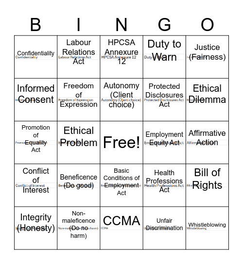 Professional ethics bingo Card