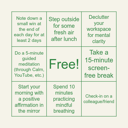 Mental Well-being (Week 2) Bingo Card