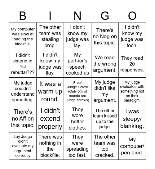 PF Excuses for losing the round Bingo Card