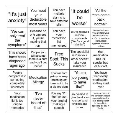 Chronic Illness Bingo Card