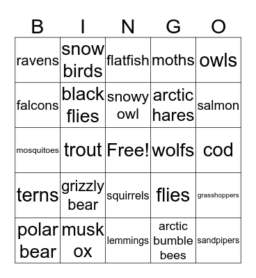 TUNDRA ANIMALS Bingo Card
