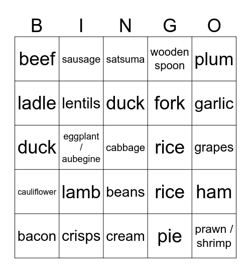 Food food food Bingo Card