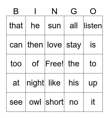 vocabulary Bingo Card