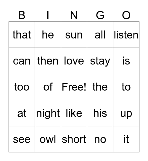 vocabulary Bingo Card