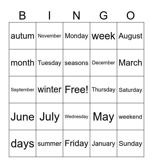 English class ritual Bingo Card