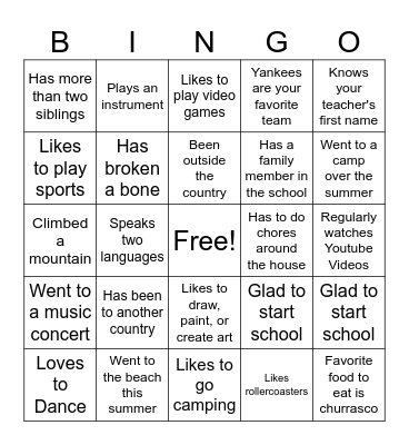 First Day of School Bingo Card