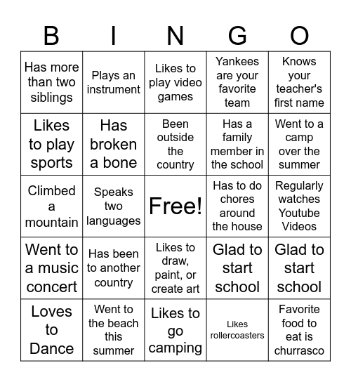 First Day of School Bingo Card