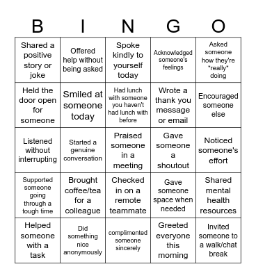 R U OK? Day - Kindness Bingo Card