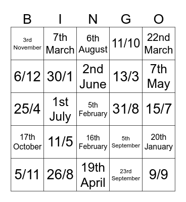 Dates Bingo Card