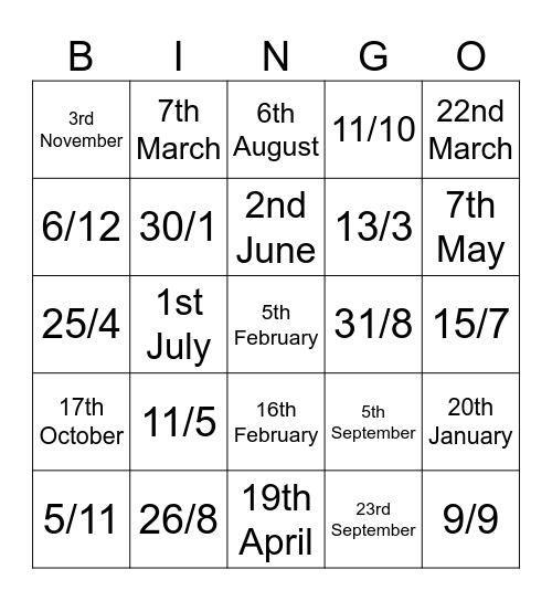 Dates Bingo Card