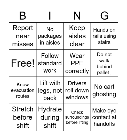 Safety Bingo Card