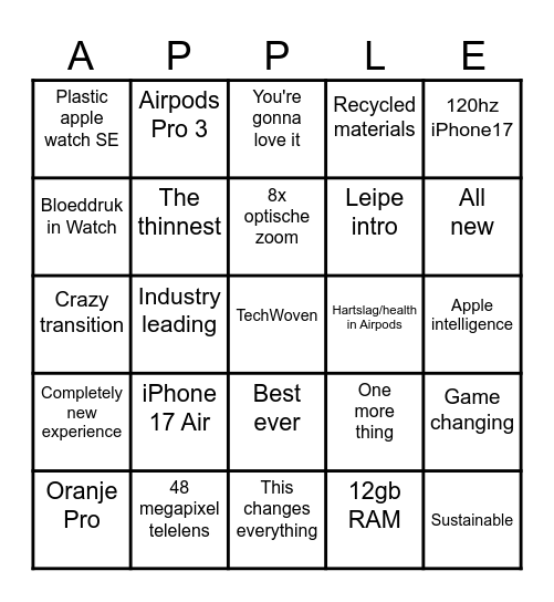 Apple Event 09/09 Bingo Card