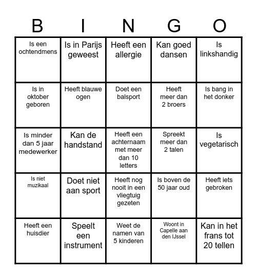 Kennismakingsbingo Card