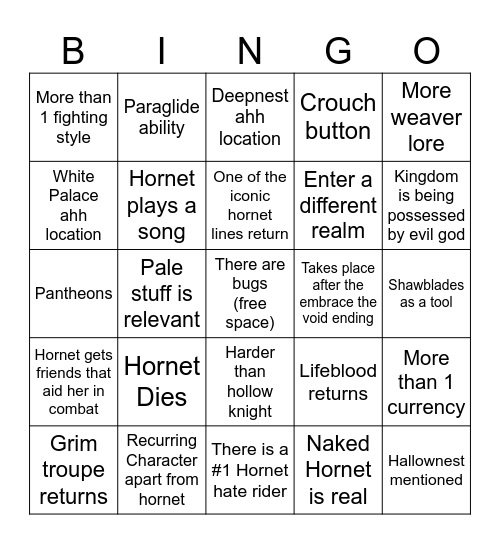 Silksong bingo Card