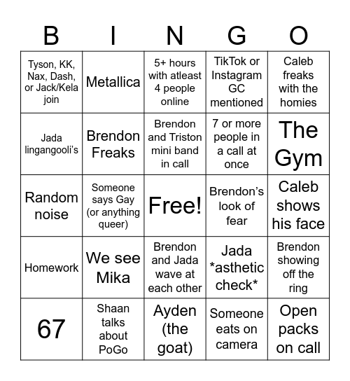 Goofy Goober Bingo Card