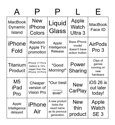 Apple Event 9/9/25 Bingo Card