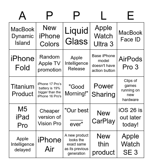 Apple Event 9/9/25 Bingo Card