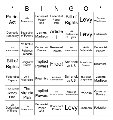 The Constitution Bingo Card