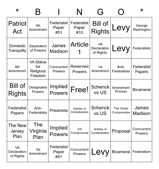 The Constitution Bingo Card