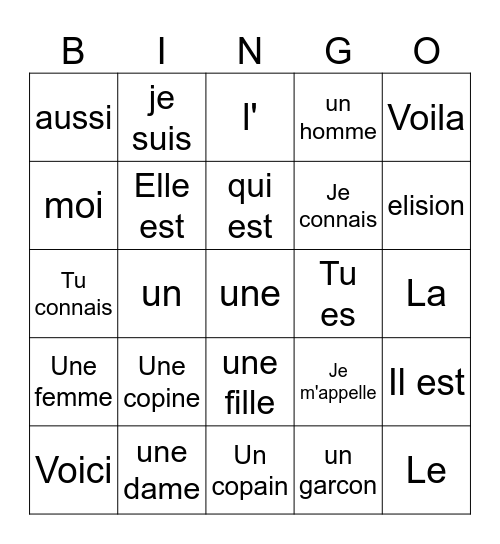 Bleu 1 Leçon 2 copain ou copine Bingo Card