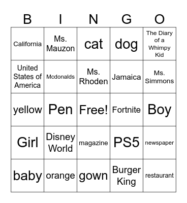 Common vs Proper NounsOrange Bingo Card