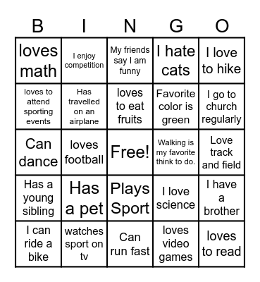 Physical Education Getting to Know You Bingo Card