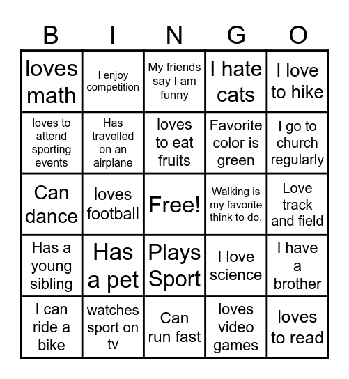 Physical Education Getting to Know You Bingo Card