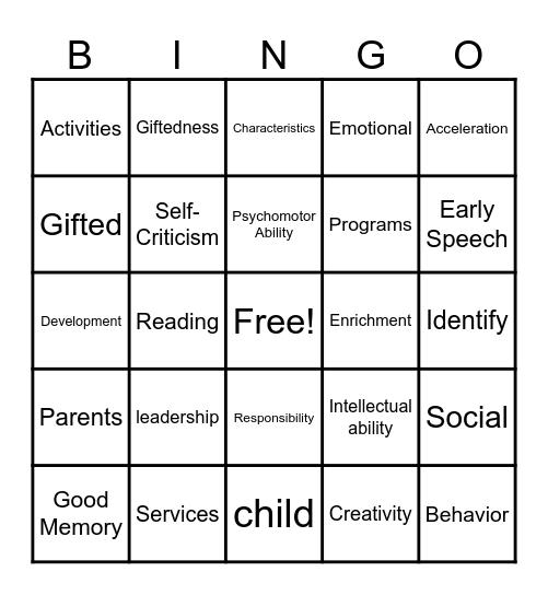 Gifted Child Bingo Card