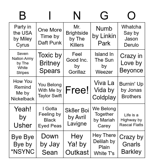 2000's Music BINGO Card