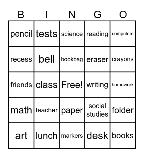 Back to School Bingo Card