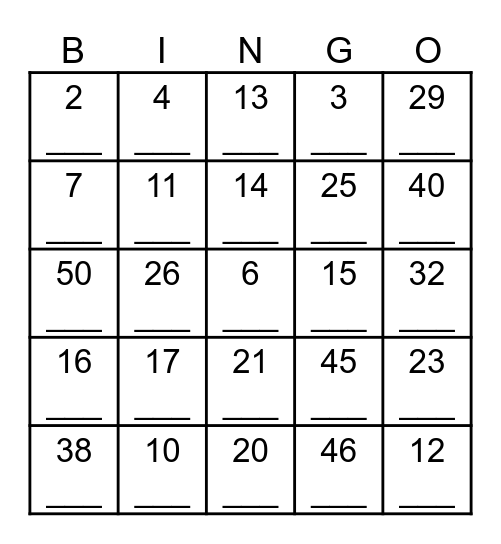 Les numeros - 1-50 quiz d'ecoute Bingo Card