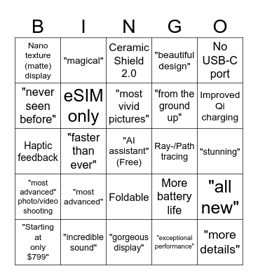 Apple Keynote September 2025 Bingo Card