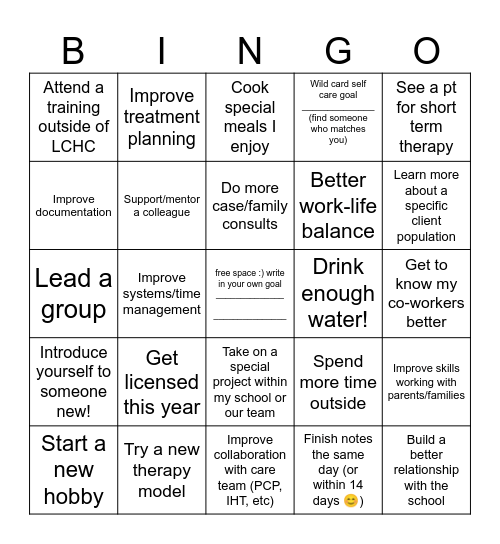 SBHC Goals Bingo Card