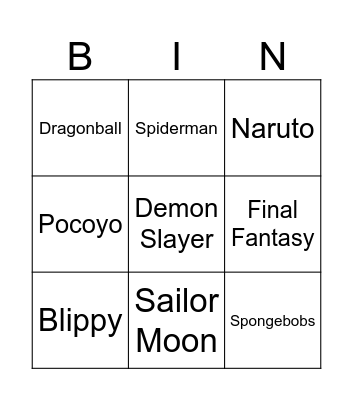 Anime and Toons Bingo Card