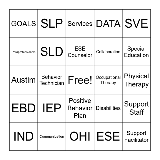 ESE Lingo Bingo Card